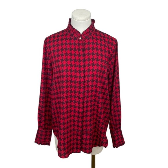 Ann Taylor Red & Black Houndstooth Pearl Details Womens Button-Up Shirt Sz S - Picture 1 of 8